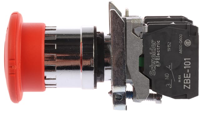 Interruttore a pulsante di arresto di emergenza Schneider Electric XB4BS8445 - Ø 22mm, Serie Harmony XB4. Montaggio a pannello, IP66/IP67/IP69K, rosso. Ideale per industria e ambienti aggressivi.