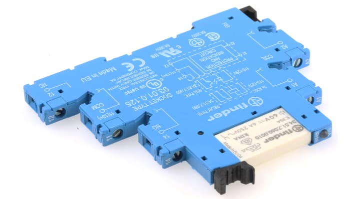 Finder 38.51.0.125.0060, relè d'interfaccia SPDT per guida DIN, tensione 110-125V, corrente 6A, dimensioni 6.2 x 75.6 x 87.9 mm.