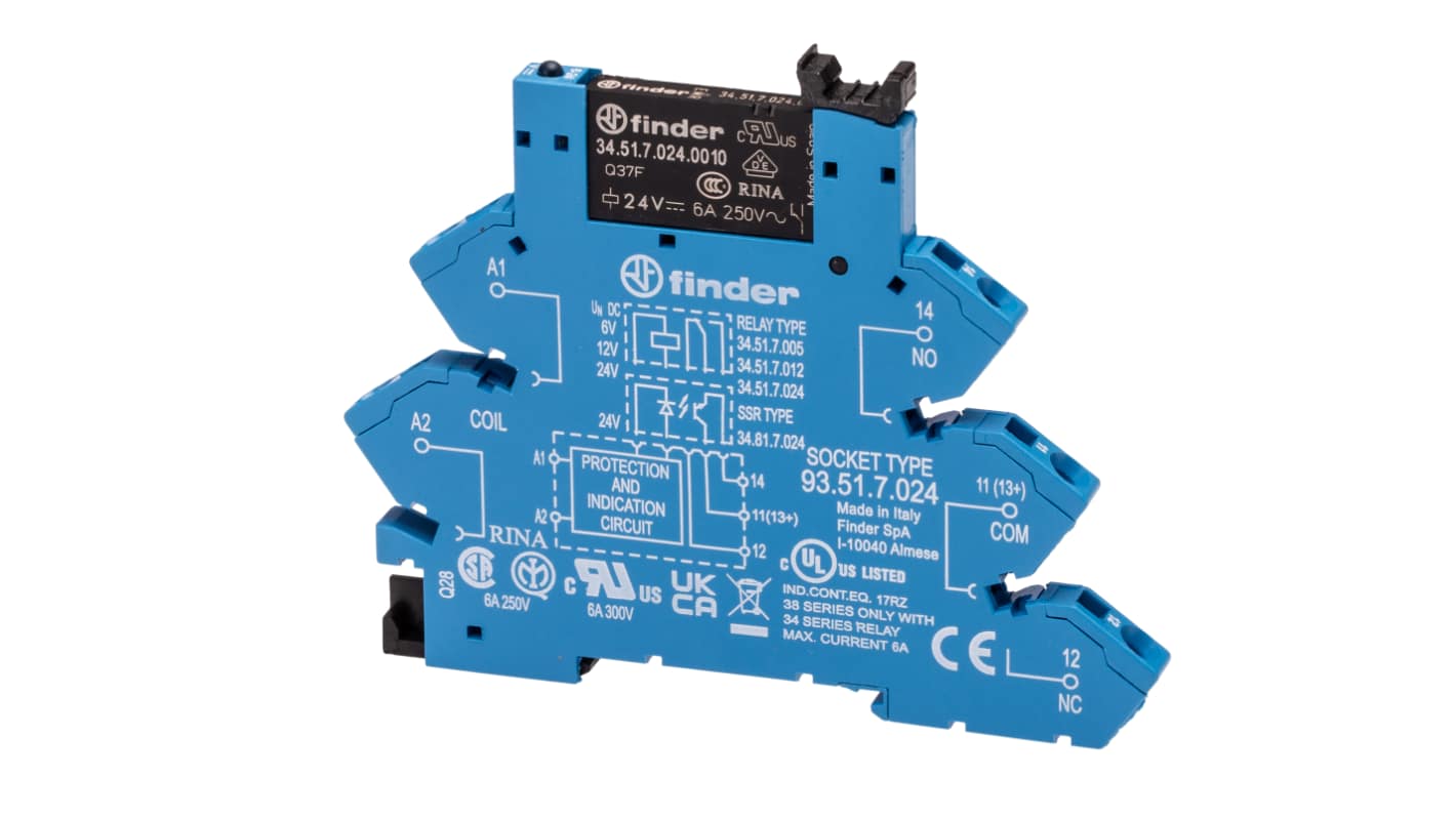 Finder 38.61.7.024.0050, relè d'interfaccia 24V cc, contatti SPDT, montaggio su guida DIN, dimensioni 6.2 x 75.6 x 93 mm.