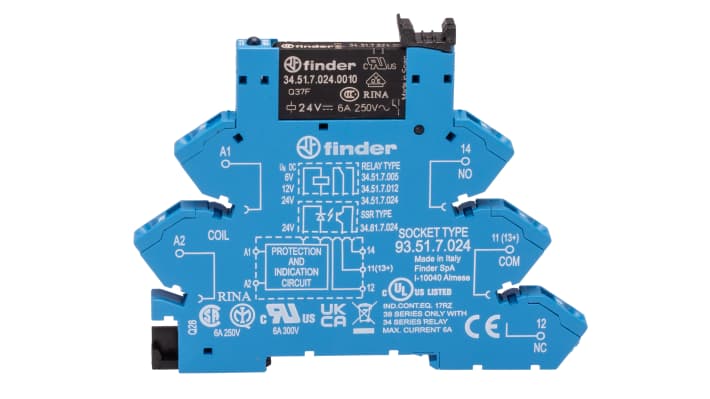 Finder 38.61.7.024.0050, relè d'interfaccia 24V cc, contatti SPDT, montaggio su guida DIN, dimensioni 6.2 x 75.6 x 93 mm.