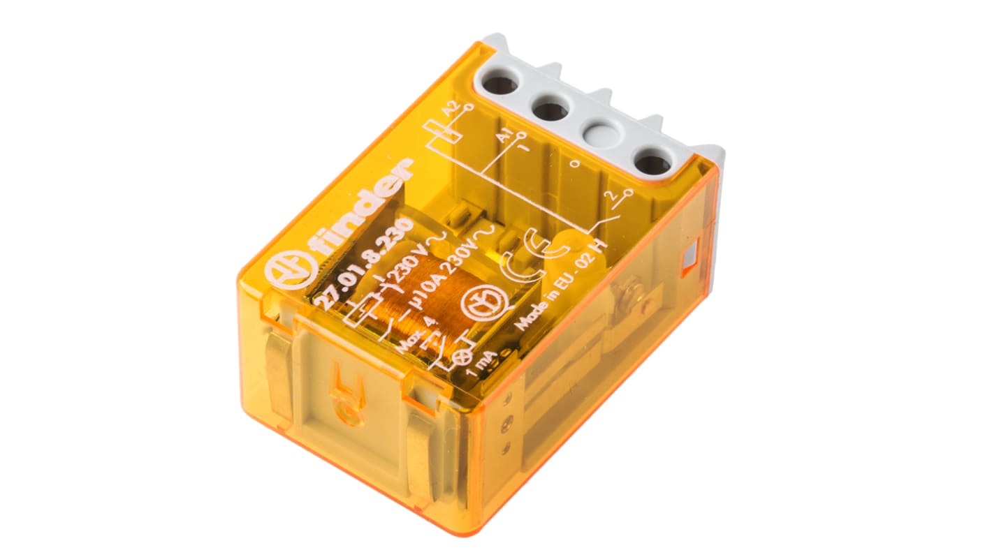 Relè di potenza Finder 27, SPST, montaggio a pannello, 230V, 10A, dimensioni 32mm x 54.6mm x 21.5mm.