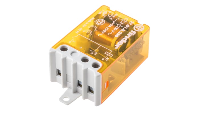 Relè di potenza Finder 27, SPST, montaggio a pannello, 230V, 10A, dimensioni 32mm x 54.6mm x 21.5mm.