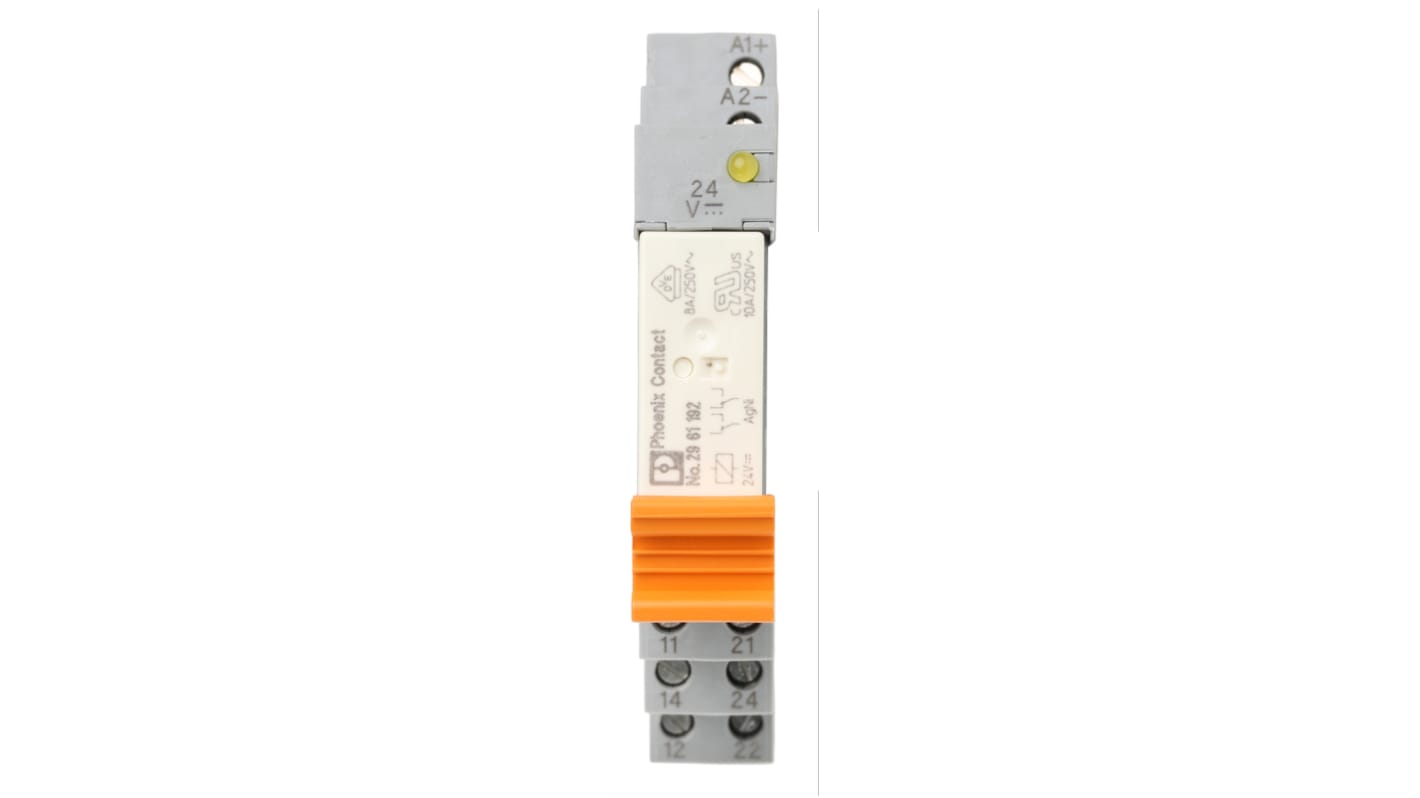 Relè d'interfaccia PLC DPDT 24V cc, Phoenix Contact 2967060, montaggio su guida DIN, Serie PLC-RSC-24DC/21-21. Ideale per automazione industriale.