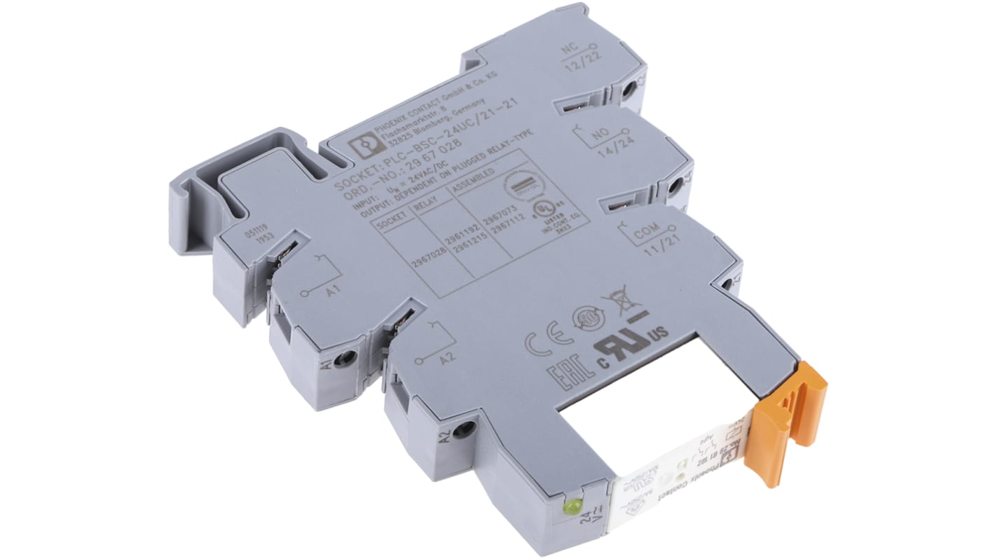 Relè di interfaccia PLC-RSC-24UC/21-21 Phoenix Contact (2967073) per sistemi automatizzati. Bobina 24V ca/cc, contatti DPDT, montaggio su guida DIN. Resistente alla corrosione, ideale per gestione fluidi. Durata meccanica 30M operazioni.
