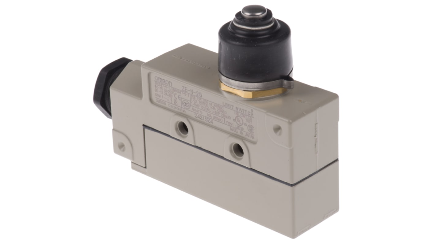 Interruttore di fine corsa Omron ZE-N-2G, stantuffo NO/NC, IP65, 15A, 480V, dimensioni 71,3 x 86 x 25,4 mm.