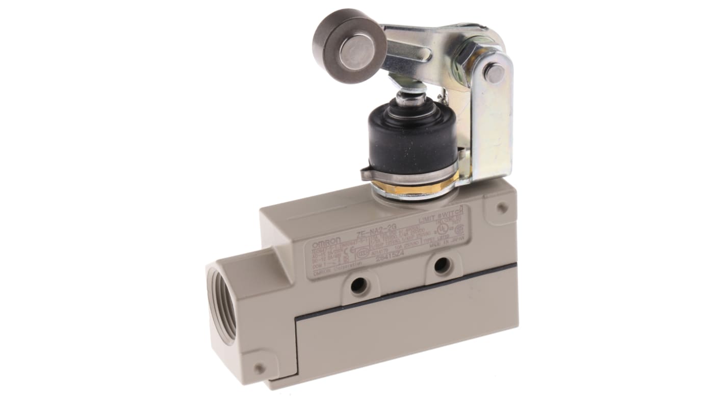Interruttore di fine corsa a leva a rullo Omron ZE-NA2-2G, configurazione SPDT, contatti NO/NC, protezione IP65, dimensioni 78.9 x 86 x 25.4 mm.