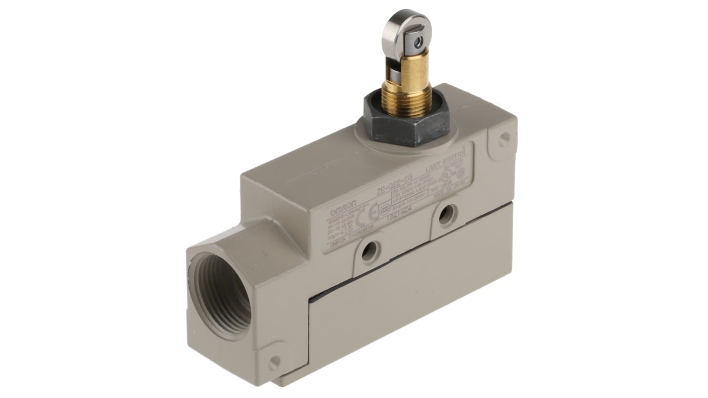 Interruttore di fine corsa Omron ZE-Q22-2G, configurazione SPDT, contatti NO/NC, grado di protezione IP65, montaggio laterale, dimensioni 75.2mm x 86mm x 25.4mm.