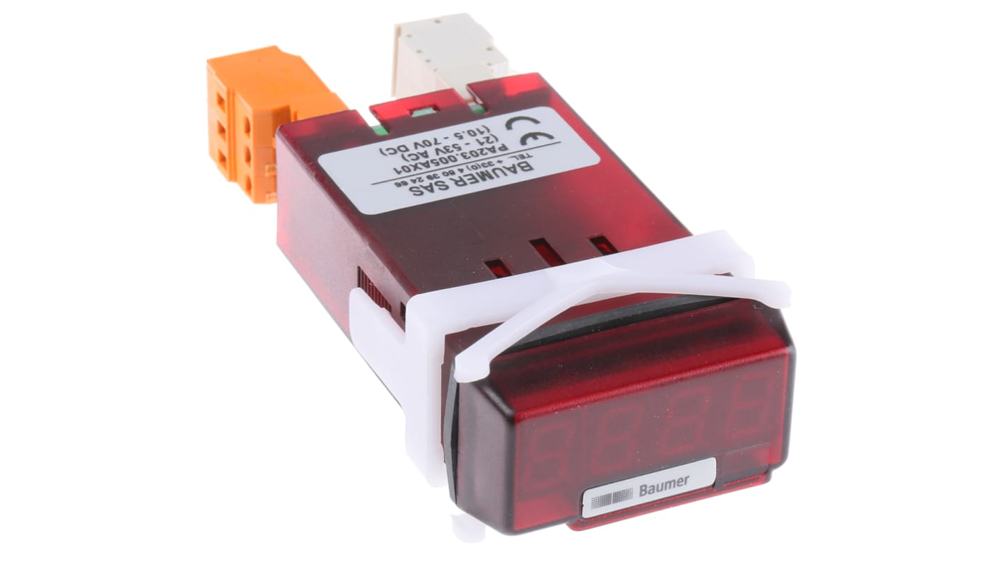 Misuratore digitale multifunzione Baumer PA203.005AX01, display LED rosso 10 mm, dimensioni 24 x 48 mm, per tensioni fino a 600 V.
