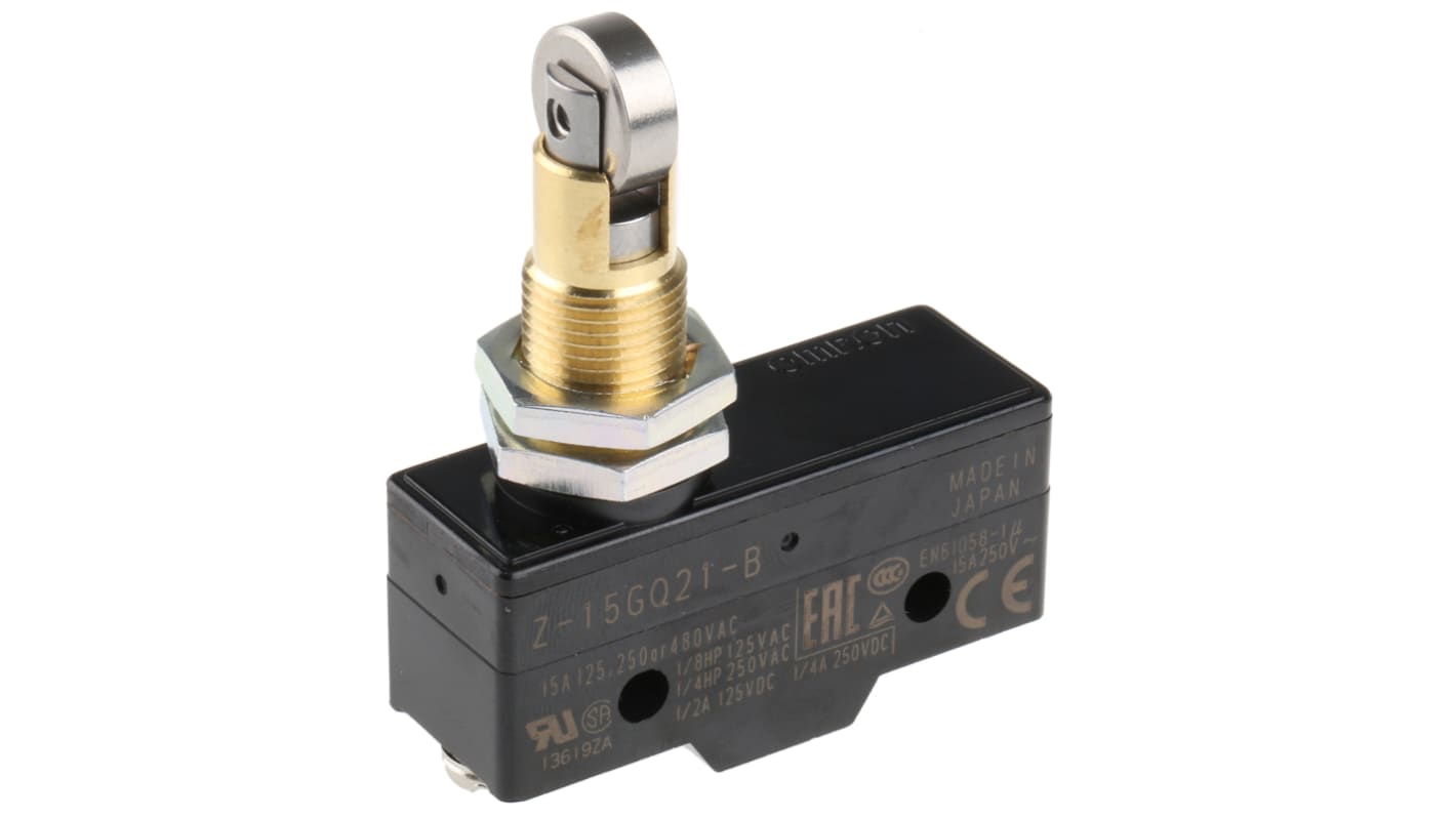 Interruttore di fine corsa rullo Omron Z-15GQ21-B, SPDT, contatti NO/NC, corrente 15A, dimensioni 58.9mm x 49.2mm x 17.45mm.