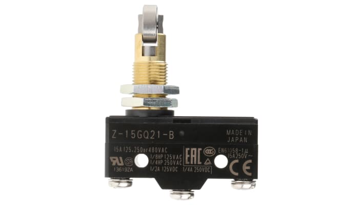 Interruttore di fine corsa rullo Omron Z-15GQ21-B, SPDT, contatti NO/NC, corrente 15A, dimensioni 58.9mm x 49.2mm x 17.45mm.