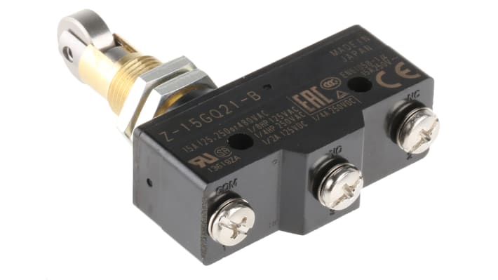 Interruttore di fine corsa rullo Omron Z-15GQ21-B, SPDT, contatti NO/NC, corrente 15A, dimensioni 58.9mm x 49.2mm x 17.45mm.