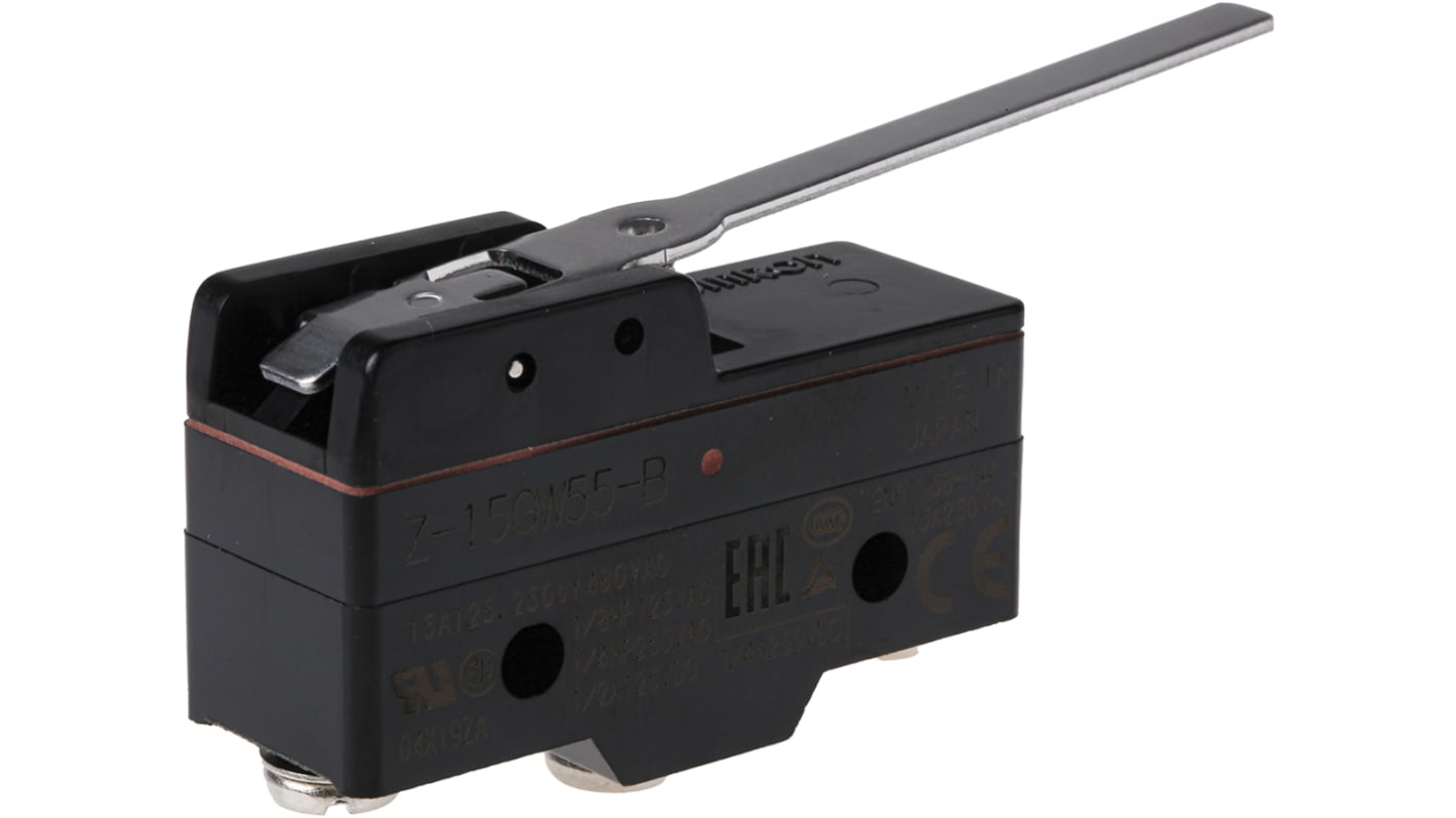 Interruttore di fine corsa Omron Z-15GW55-B, leva SPDT, contatti NO/NC, dimensioni 28.2mm x 49.2mm x 17.45mm.