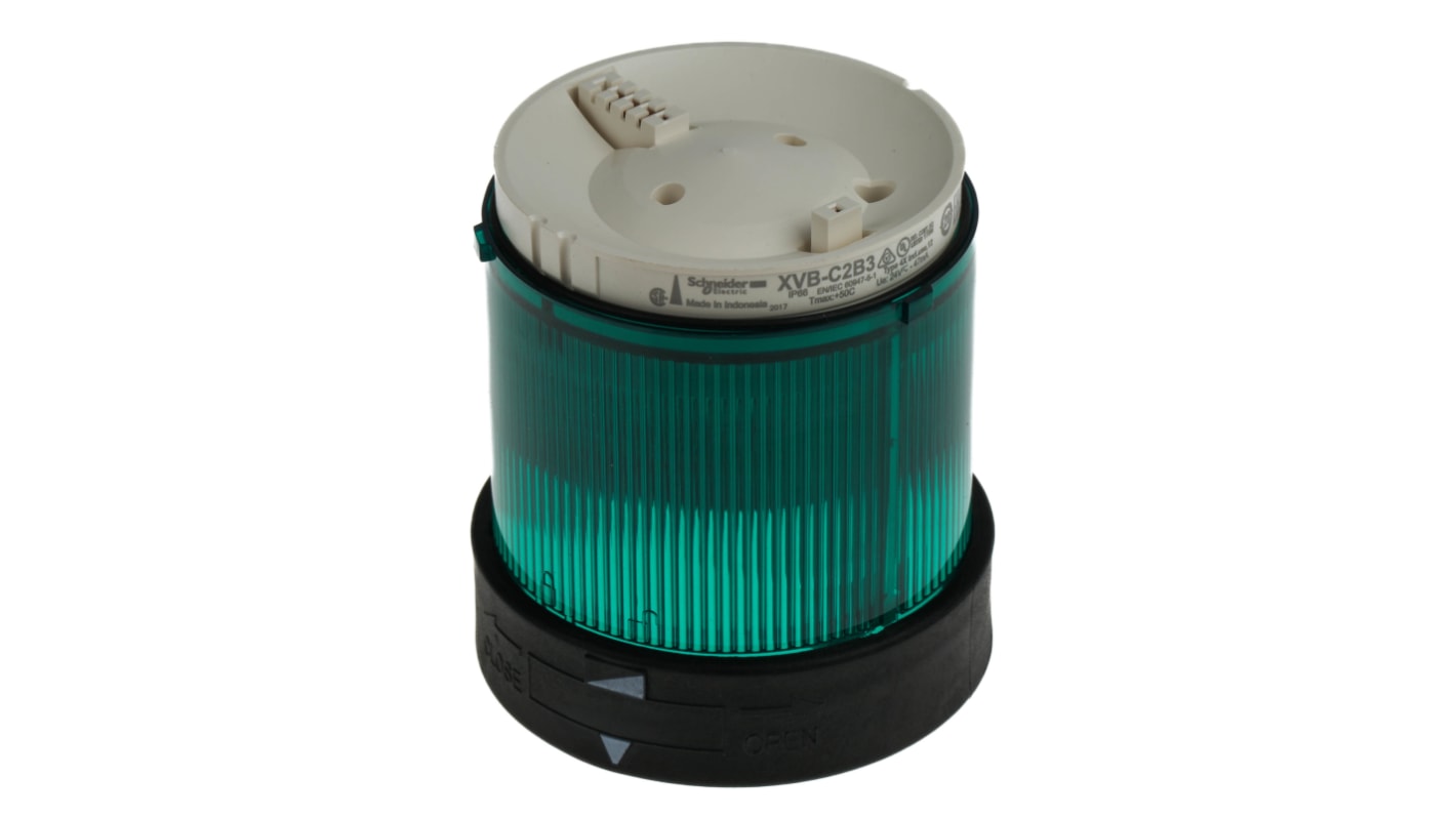 Segnalatore luminoso verde Schneider Electric XVBC2B3, LED costante, IP65, Ø70mm, h 63mm. Ideale per sistemi di protezione macchina, settore edile e gestione del traffico.