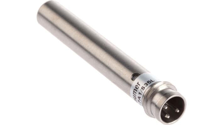 Baumer IFRM 06P17A1/S35L, sensore di prossimità cilindrico PNP, rilevamento 2 mm, corpo in acciaio inox, IP67. Dimensioni 46 mm x 6.5 mm.