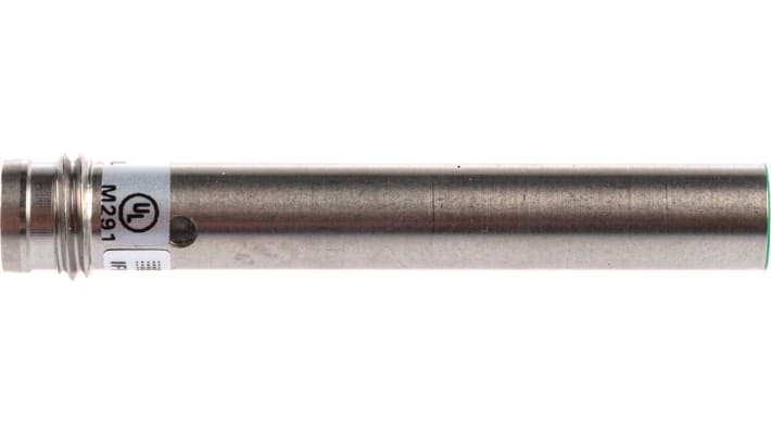 Baumer IFRM 06P17A1/S35L, sensore di prossimità cilindrico PNP, rilevamento 2 mm, corpo in acciaio inox, IP67. Dimensioni 46 mm x 6.5 mm.