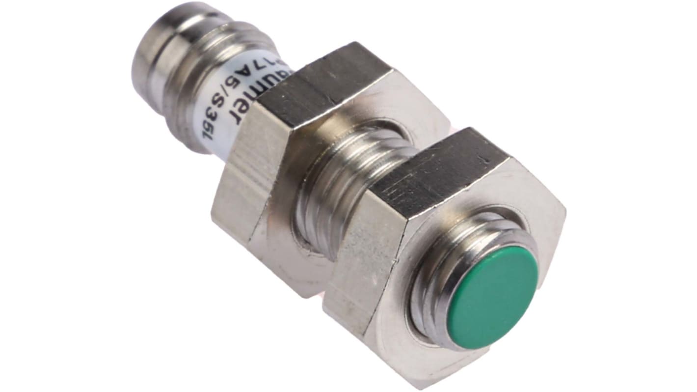 Baumer IFRM 08P17A5/S35L, sensore di prossimità cilindrico PNP M8, rilevamento 2 mm, corpo in acciaio inox, IP67.