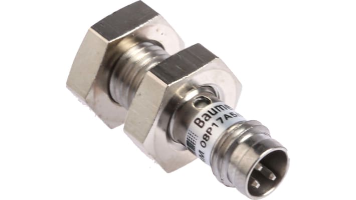 Baumer IFRM 08P17A5/S35L, sensore di prossimità cilindrico PNP M8, rilevamento 2 mm, corpo in acciaio inox, IP67.
