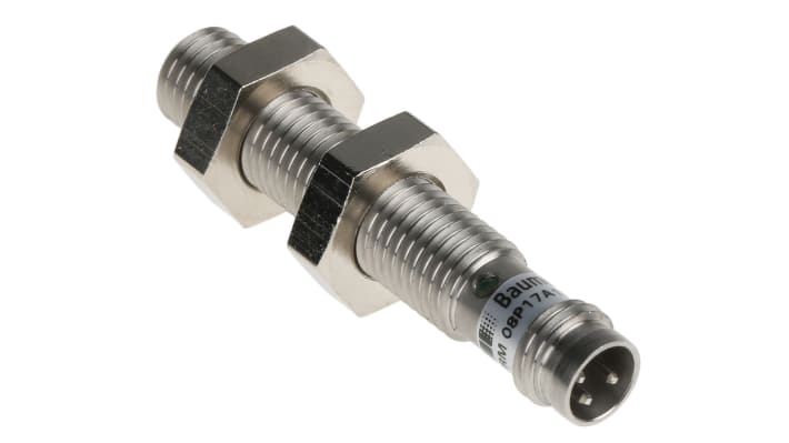 Sensore di prossimità cilindrico PNP Baumer IFRM 08P17A1/S35L, con connettore M8, IP67, rilevamento 2 mm, acciaio inossidabile.
