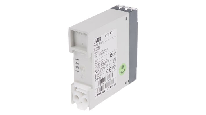 Relè timer ABB 1SVR550107R4100, 1 contatto SPDT, intervallo 0,3-30 s, montaggio su guida DIN, dimensioni 78 x 22,5 mm.