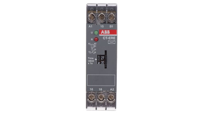 Relè timer ABB 1SVR550107R4100, 1 contatto SPDT, intervallo 0,3-30 s, montaggio su guida DIN, dimensioni 78 x 22,5 mm.