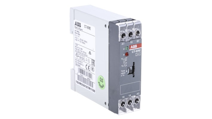 ABB Timer Relay SPDT 1 polo per guida DIN, intervallo 0.1-10 s, alimentazione 200-240 V AC, 4 A, larghezza 22.5 mm.