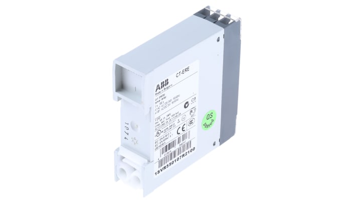 ABB Timer Relay SPDT per guida DIN, intervallo 3-300 secondi, 24 V ac/dc, 4 A, dimensioni 22,5 x 78,5 x 78 mm.