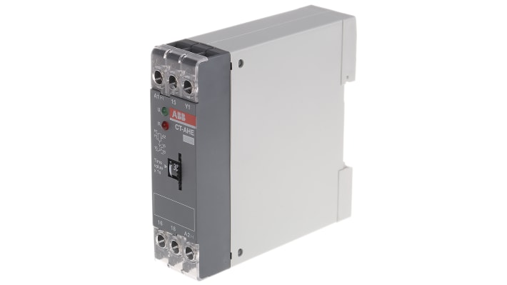 ABB Timer Relay 1 poli SPDT per guida DIN, intervallo 0.3-30s, 220-240V AC, larghezza 22.5 mm, temperatura -20/+60°C.