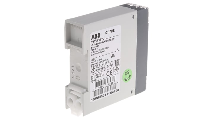 ABB Timer Relay 1 poli SPDT per guida DIN, intervallo 0.3-30s, 220-240V AC, larghezza 22.5 mm, temperatura -20/+60°C.