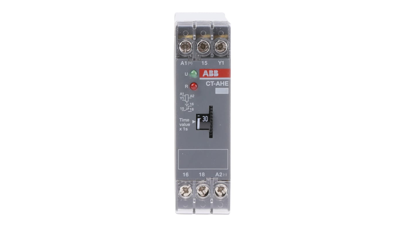 ABB Timer Relay 1 poli SPDT per guida DIN, intervallo 0.3-30s, 24V, 4A, dimensioni 22.5x78x78.5 mm.