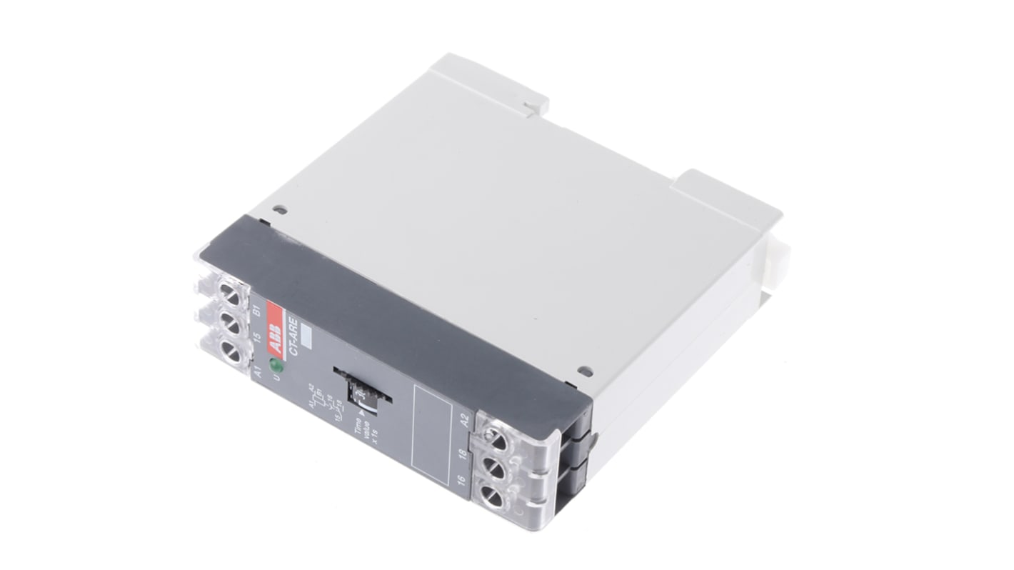 ABB Timer Relay SPDT per guida DIN, intervallo 0.3-30s, alimentazione 24V o 200-240V, corrente max 4A.