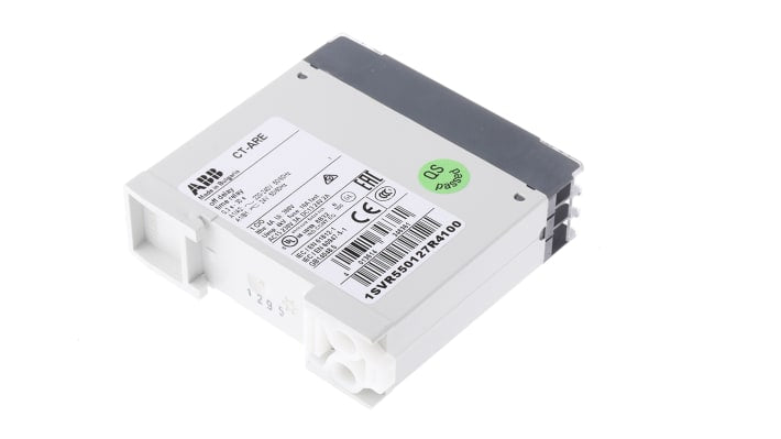 ABB Timer Relay SPDT per guida DIN, intervallo 0.3-30s, alimentazione 24V o 200-240V, corrente max 4A.