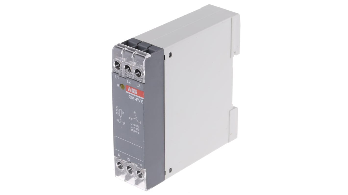 Relè di monitoraggio ABB CM-PVE, SPST, tensione 185-265 V CA, montaggio su guida DIN, dimensioni 78.5 x 22.5 x 78 mm.