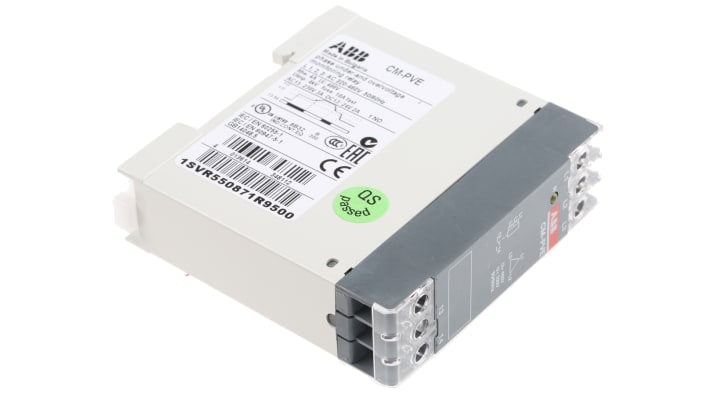 Relè di monitoraggio ABB CM-PVE, montaggio su guida DIN, corrente massima 4 A, dimensioni 78.5 x 22.5 x 78 mm.