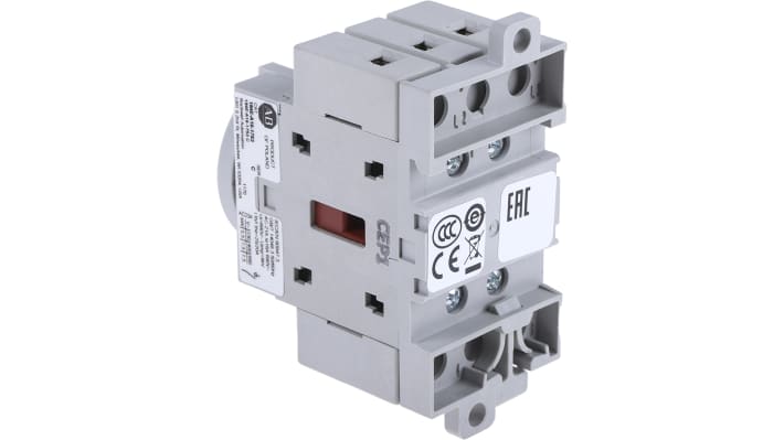 Interruttore di isolamento Allen Bradley 194E-A16-1753-4N, 3 poli, 16 A, 690 V, IP66, maniglia rossa/gialla, dimensioni 70x36x80 mm.
