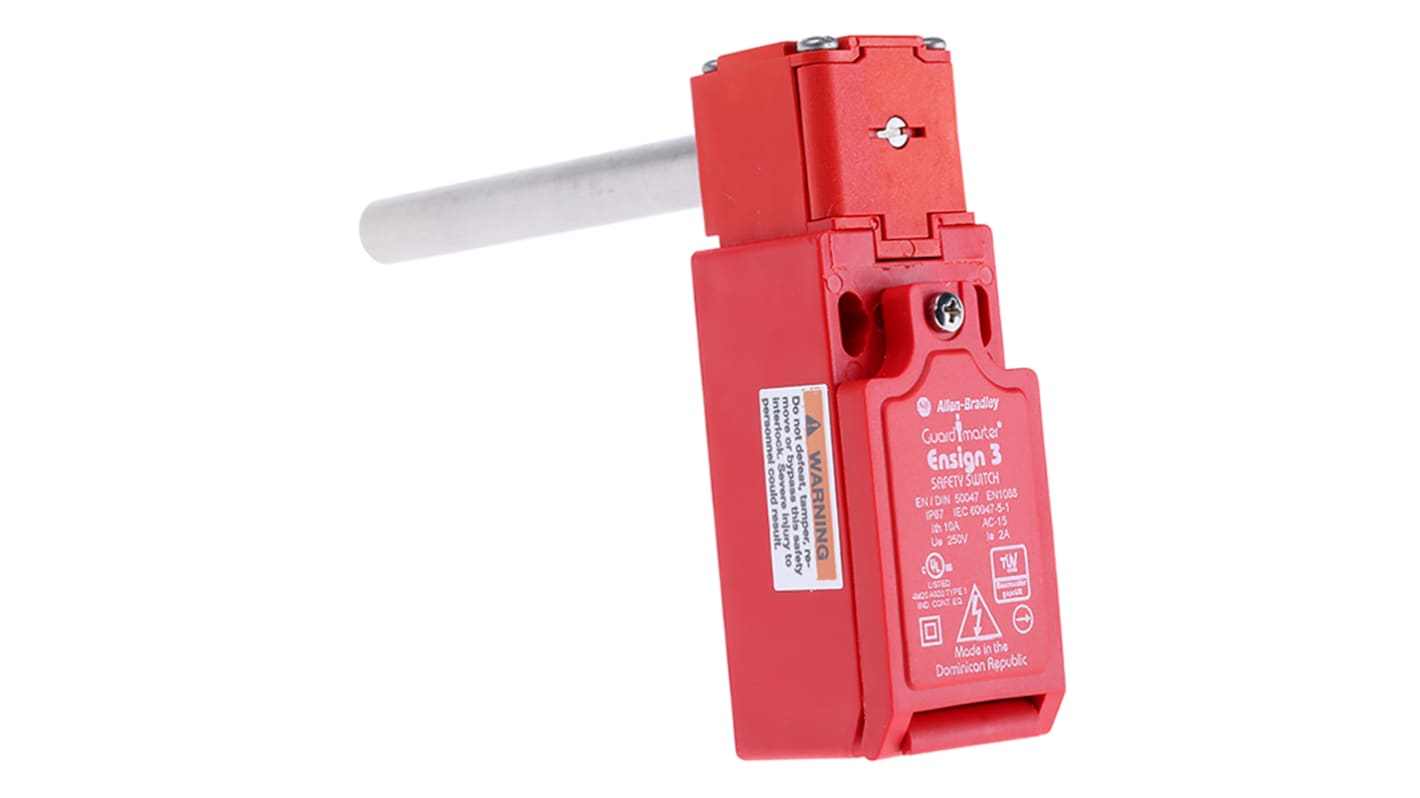 Interruttore di sicurezza a cerniera Allen Bradley Guardmaster 440H-E22073, configurazione NA/2NC, grado di protezione IP67, lunghezza albero 80 mm.