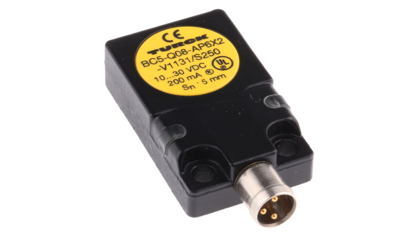 Sensore di prossimità PNP Turck BC5-Q08-AP6X2-V1131, tecnologia capacitiva, dimensioni 32x20 mm, montaggio 8 mm, IP67.