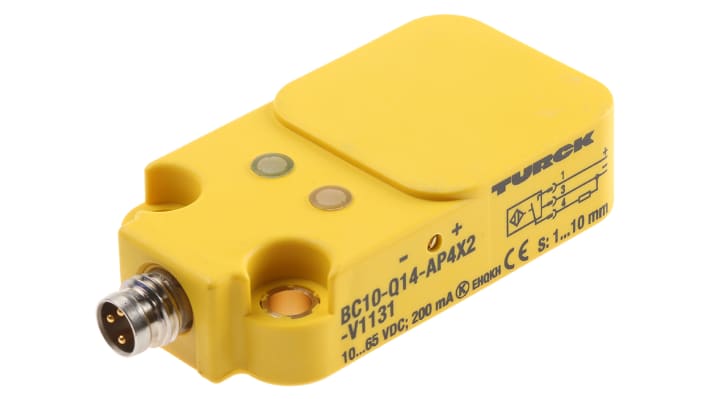 Sensore di prossimità PNP Turck BC10-Q14-AP4X2-V1131, tecnologia capacitiva, rilevamento 10 mm, IP67, cavo 2 m.