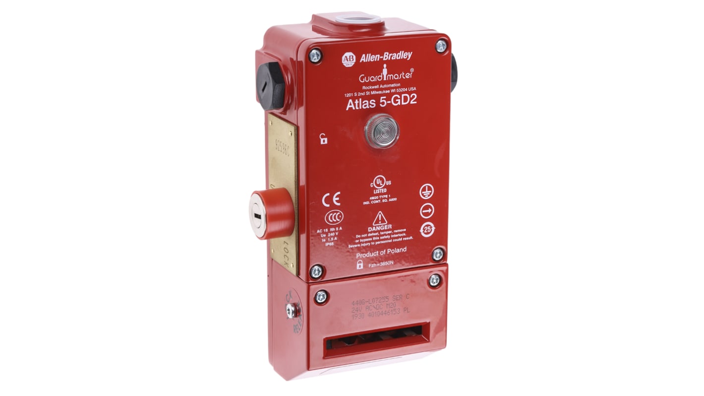 Interruttore di interblocco a solenoide Allen Bradley Guardmaster 440G-L07255, 24V, IP65, contatti 2NC e 1NO, dimensioni 184x80x56mm.