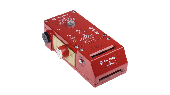 Interruttore di interblocco a solenoide Allen Bradley Guardmaster 440G-L07255, 24V, IP65, contatti 2NC e 1NO, dimensioni 184x80x56mm.