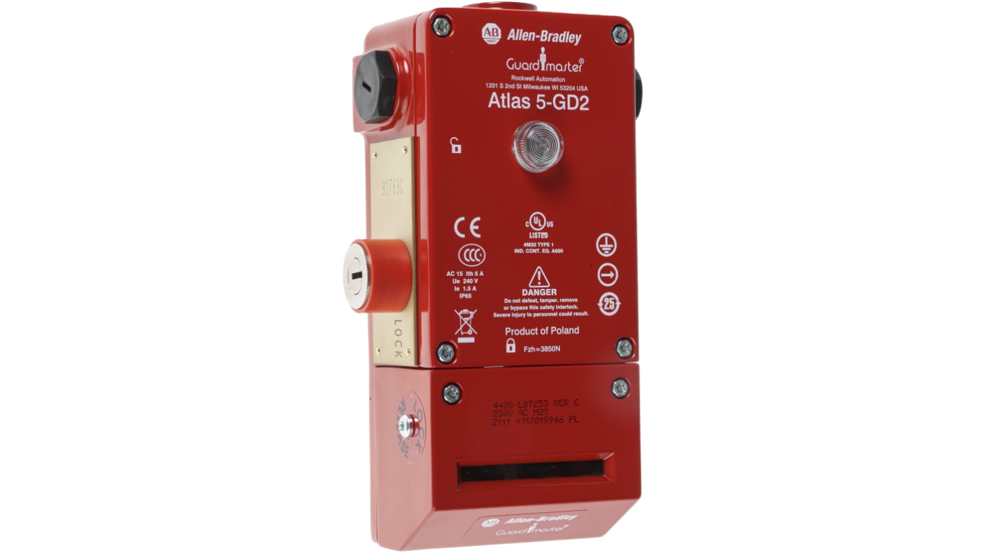 Interruttore di interblocco a solenoide Allen Bradley Guardmaster 440G-L07253, 230V, IP65, contatti 2N/C, custodia metallica, dimensioni 184x80x56mm.