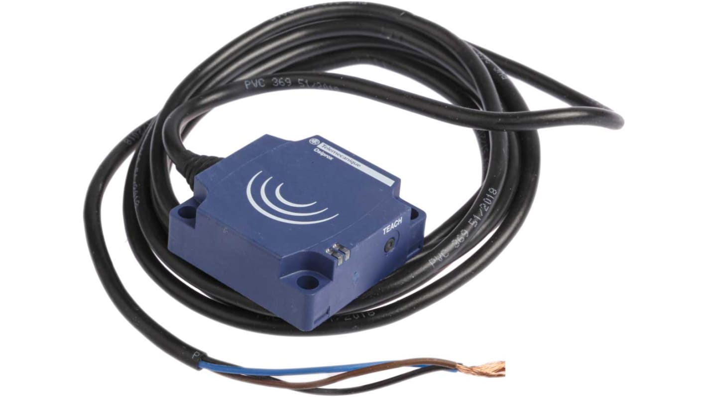 Sensore di prossimità PNP Telemecanique XS8C1A1PAL2, rilevamento 25 mm, IP68, 12-24 V c.c., dimensioni 40x40x15 mm.