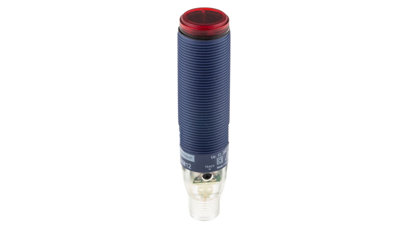 Sensore fotoelettrico cilindrico Telemecanique XUB0APSNM12: Multimodale, 120 mm - 15 m, PNP, IP67. Ideale per applicazioni industriali.