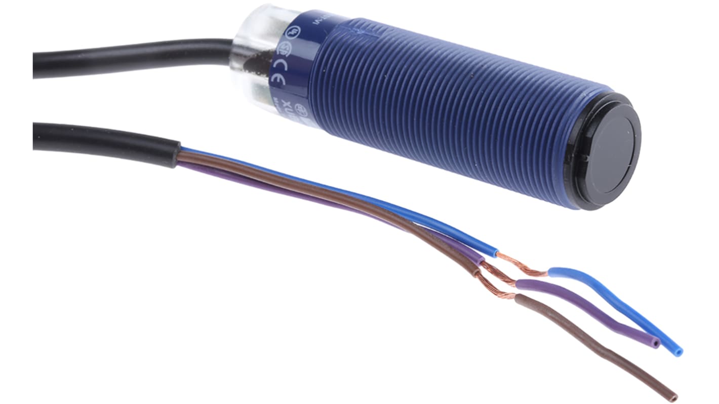 Sensore fotoelettrico cilindrico Telemecanique Sensors XUB0AKSNL2T, rilevamento fino a 15 m, IP65/IP67, cavo 3 fili 2 m.