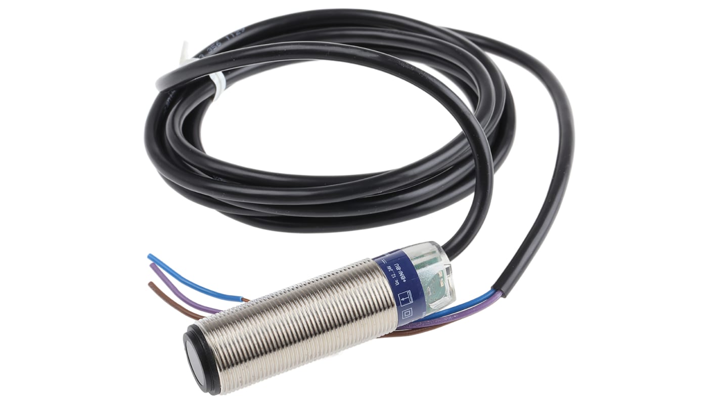 Sensore fotoelettrico cilindrico Telemecanique Sensors XUB0BKSNL2T, rilevamento fino a 15 m, IP65/IP67, alimentazione 24V.