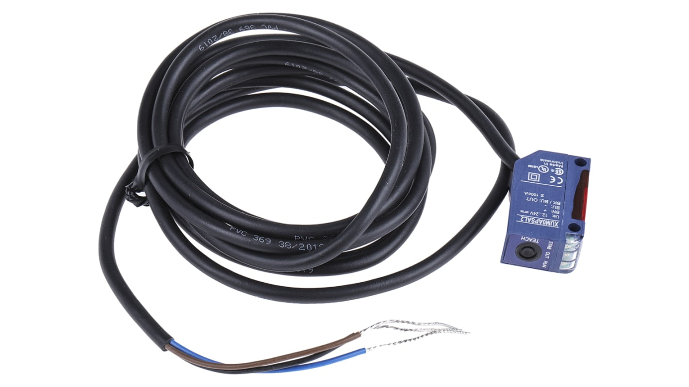 Sensore fotoelettrico Telemecanique Sensors XUM0APSAL2: rilevamento 100 mm - 10 m, uscita PNP, IP65/IP67, ideale per applicazioni industriali.
