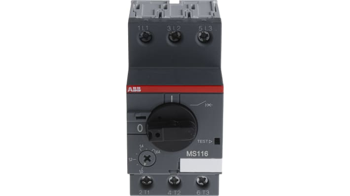 Interruttore automatico del motore ABB 1SAM250000R1006 MS116-1.6, 1,6 A, 690 V, 3 poli, dimensioni 90 x 45 x 80,1 mm, grado di protezione IP20.