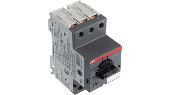 Interruttore automatico motore ABB 1SAM250000R1009 MS116-6.3, 6,3 A, 3 poli, montaggio su guida DIN, dimensioni 90 x 45 x 80,1 mm.