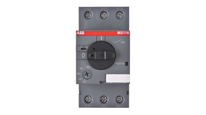 Interruttore automatico del motore ABB 1SAM250000R1010, 10 A, montaggio su guida DIN, dimensioni 90 x 45 x 80,1 mm.