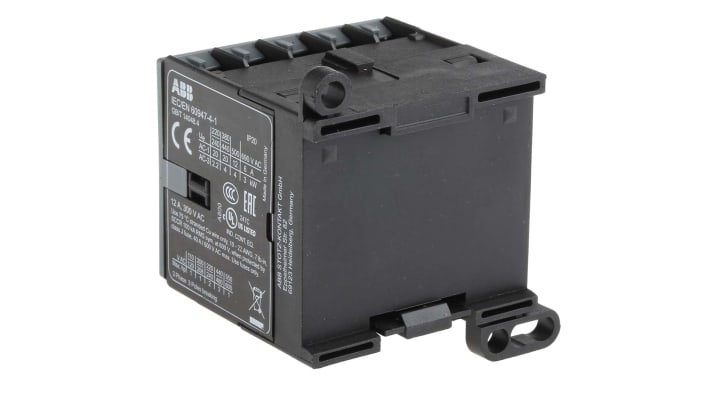 Contattore ABB GJL1211001R0101, 3 poli, 9 A, bobina 24 V c.a., montaggio su guida DIN, dimensioni 57,5 x 52,5 x 46,5 mm.