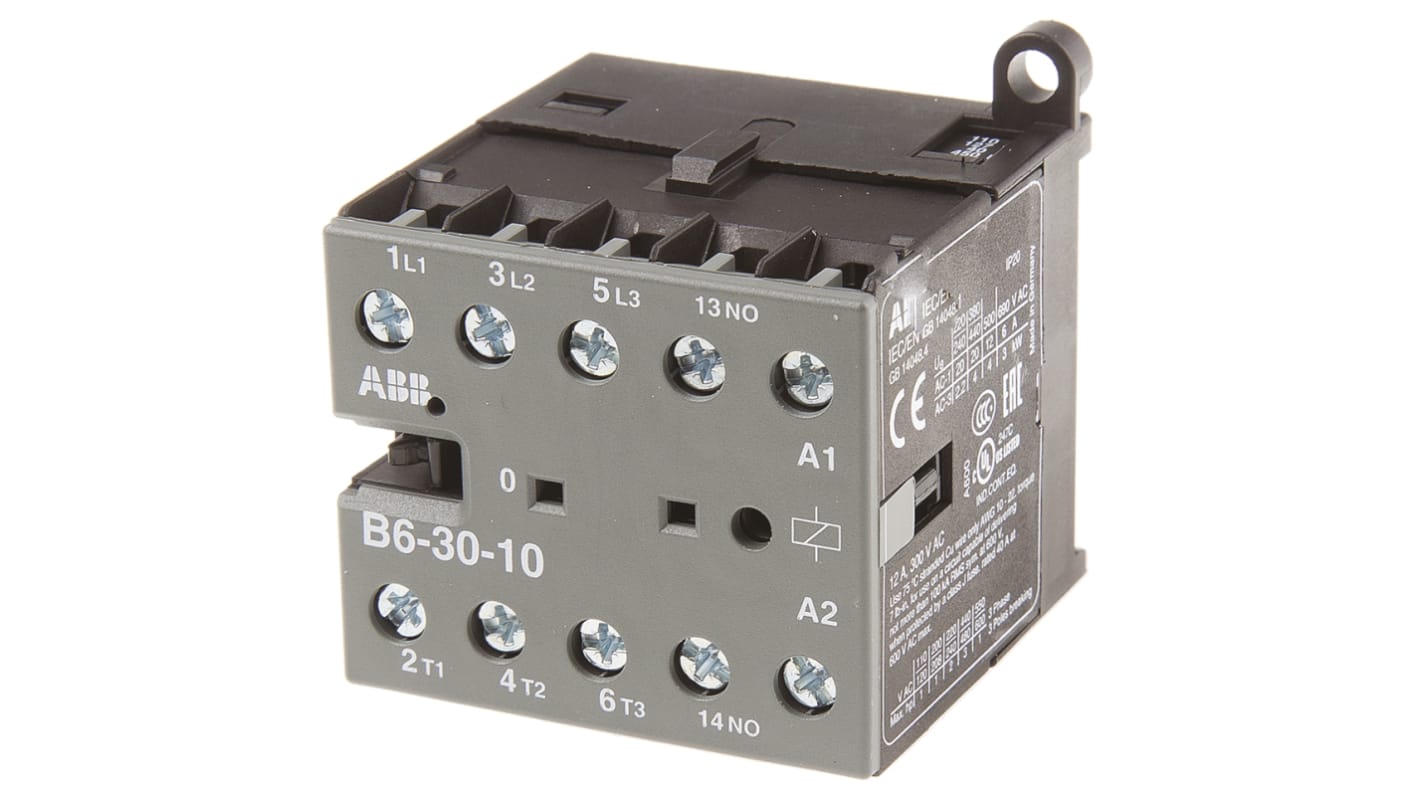 Contattore ABB GJL1211001R8104, serie B, 3 poli, 3 NA, 9 A, 4 kW, montaggio su guida DIN, dimensioni 57.5 x 52.5 x 46.5 mm.
